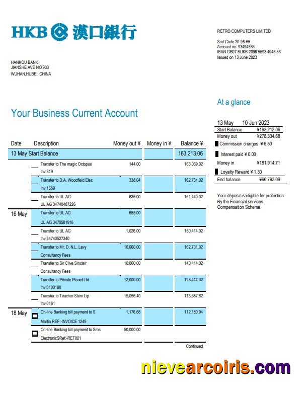 Hankou Bank organization account statement